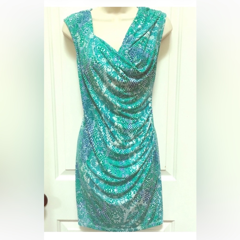 🔥George Teal Green & Blue Snake Print Cowl Dress S *EUC* Slinky & Stretchy
